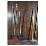 4 garden rakes and a stirrup hoe; as is