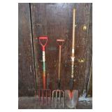 2 steel garden forks and a spade shovel; as is
