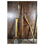 Antique tools: wood scoop, fork, scythe; as is