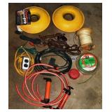 Lot: electric cords, extension cord keepers, strin