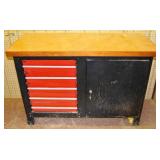 Maple top 5 drawer and 1 door steel shop cabinet,