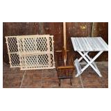 Lot: folding patio table, magazine rack, 2 Evenflo