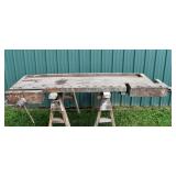 Antique wood work bench top with 2 wood screw vise