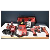 3 Milwaukee 14.4V cordless tools, bag, 3 chargers
