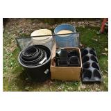 Collection of garden planters, 2 buckets of sand,