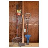 Tool lot: nut gatherer, bulb planter, ax; as is