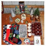 Assorted Christmas decorations, stockings, etc.; a