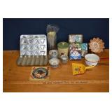 Lot: advertising sign, corn bread pan, tin cookie