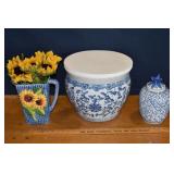 12" ceramic planter with wood lid, pitcher, jar; a