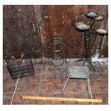 Lot: 4 tier metal plant stand, solid old step stoo