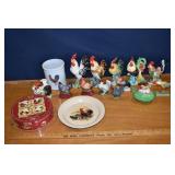 Pottery chicken figures, decorative plates, tin eg