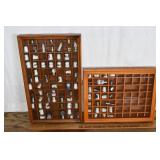 2 hanging wood thimble display cases with thimbles
