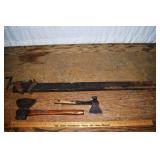 Old broad axe, hatchet, wooden bar clamp; as is