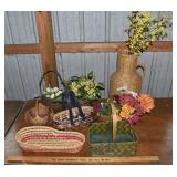 8 baskets, some with floral decorations; as is