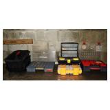 Collection of parts bins, tool box, caddy, assorte