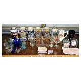 Lot: 10 old bottles, 5 advertising glasses, 7 tank