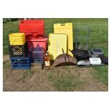 Lot: 4 fiberglass trays, Jumbl A-frame sign, plast