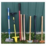 Tools: 2 axes, sledge hammer, 3 handles, etc.; as