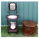 Mirrored wash bowl and pitcher stand, end table; a
