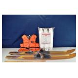 Avanti wooden water skis, PFD, boat fender set; as