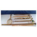 Collection of canes, walking sticks, vintage tenni
