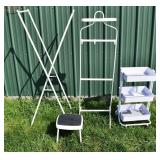 Metal lot: valet, Cosco stool, 3-tier rolling orga