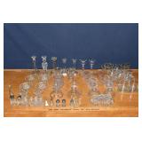 Glass lot: candlesticks, cream & sugar sets, salt