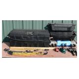 Lot: plastic storage box, tie downs, wall mounted