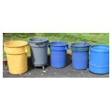4 Rubbermaid trash cans, partial plastic barrel; a