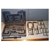 Tools: 9 C clamps and Craftsman socket set; as is