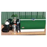 Coleman camping gear: metal cooler, propane lanter