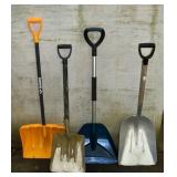 2 snow shovels, 2 aluminum scoops; as is