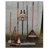 Tool lot: rakes, fork, hoe, broom, loppers, etc.;
