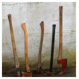 Cant hook, bush axe, splitting maul, 2 axes; as is