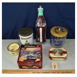 Vintage lot: Coca-Cola thermometer, tins, etc.; as