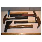 Stanley hatchet and 4 hammers; as is