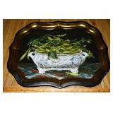 Metal tole style tray depicting tureen with sweet