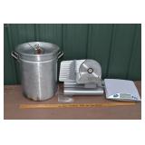 Lot: turkey fryer, meat slicer, digital scale; as