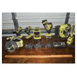 7 Ryobi 18v working cordless tools, 10 batteries,
