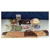 Lot: cowboy hats, military gear, scrimshaw, etc.;