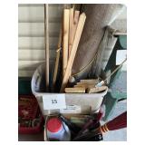 Tote lot- wooden stakes- rolled tarp-box lot-broom