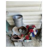 Metal tub- flower pots- weights- flowers-dust pan