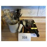 1-Crock- SS bowl- box lot- utensils lot