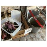 Misc box lots- hardware- crow bar- metal buckets