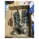 Misc box lot- bits- screwdrivers wire brush lot