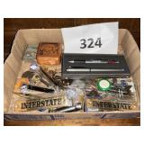 Plaques- pen sets-pins- misc box lot