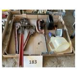 Misc box lot- funnel- clamp- wrenchs