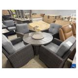 Round fire pit table & 4 swivel chairs -has marks