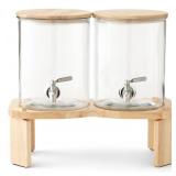 Double glass drink dispenser w/ rubberwood stand
