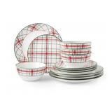 12-pc Stoneware Holiday dinnerware set -plaid